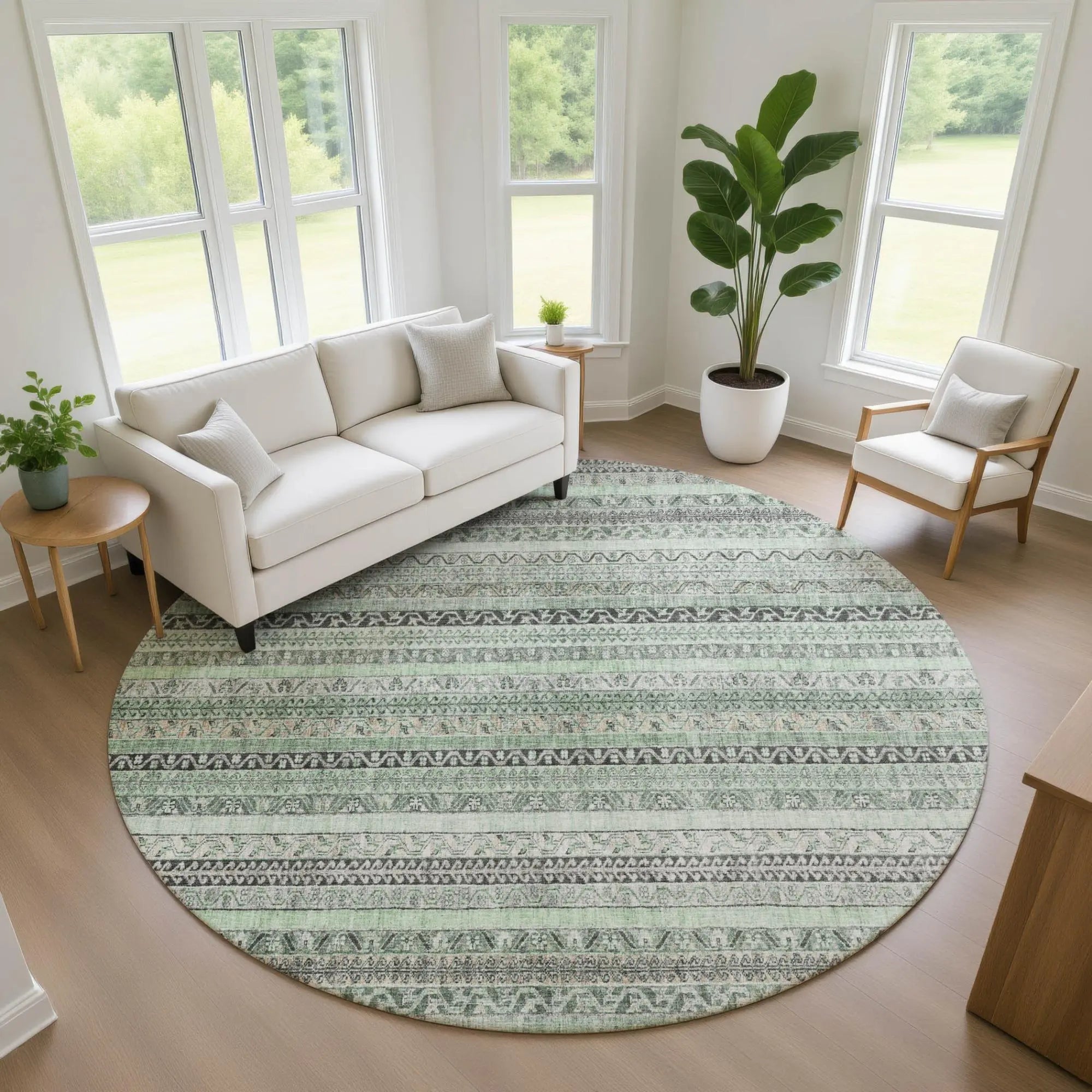 8' Mint Green And Green Round Striped Washable Indoor Outdoor Area Rug Homeroots Outdoor