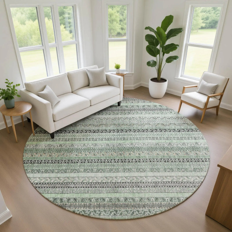 8' Mint Green And Green Round Striped Washable Indoor Outdoor Area Rug Homeroots Outdoor