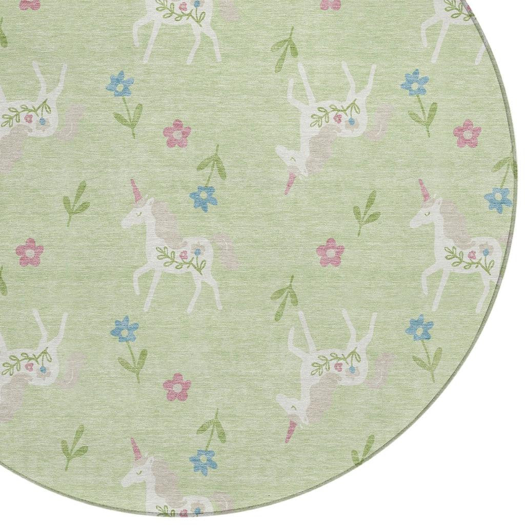 8' Mint Green And Ivory Round Floral Washable Indoor Outdoor Area Rug Homeroots Outdoor