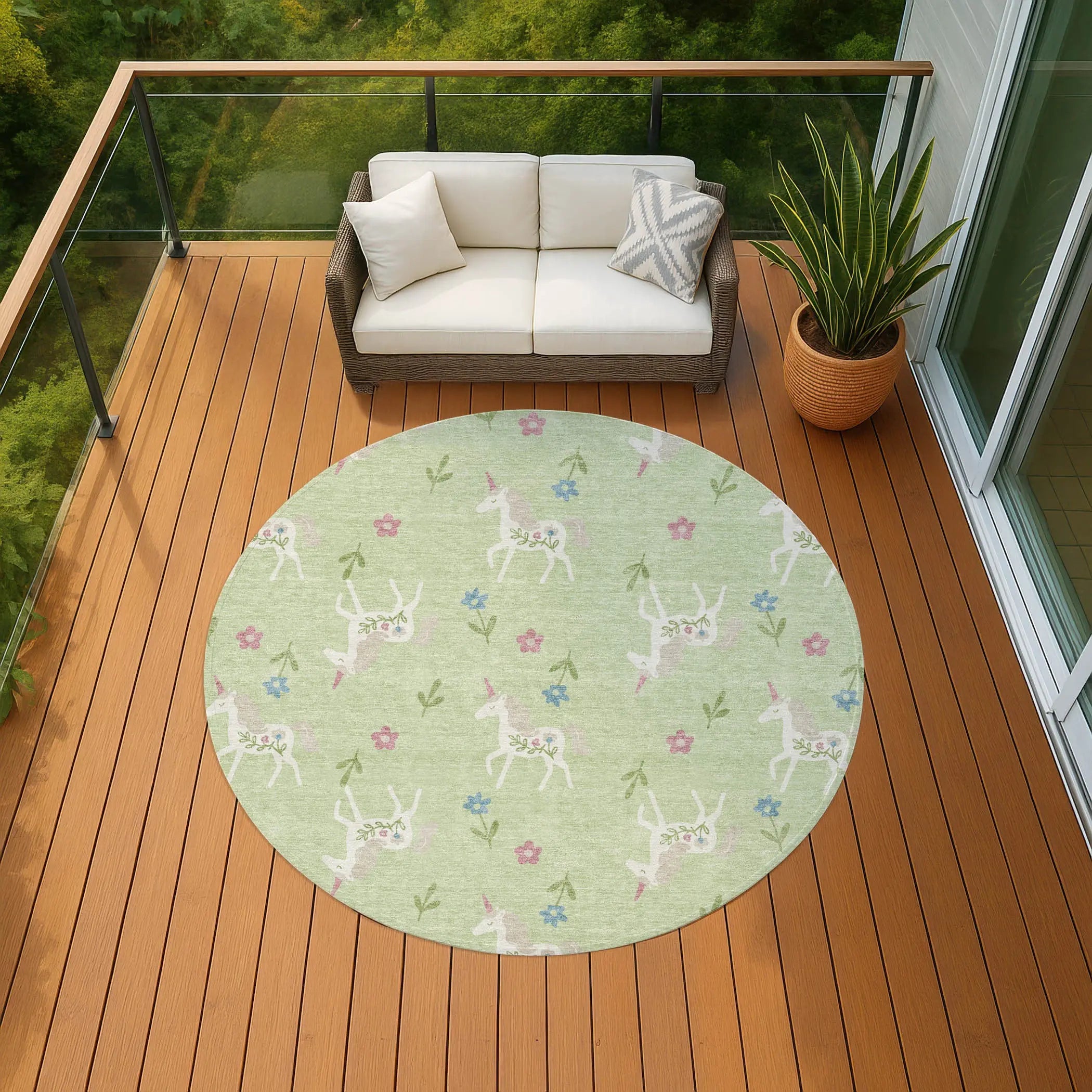 8' Mint Green And Ivory Round Floral Washable Indoor Outdoor Area Rug Homeroots Outdoor