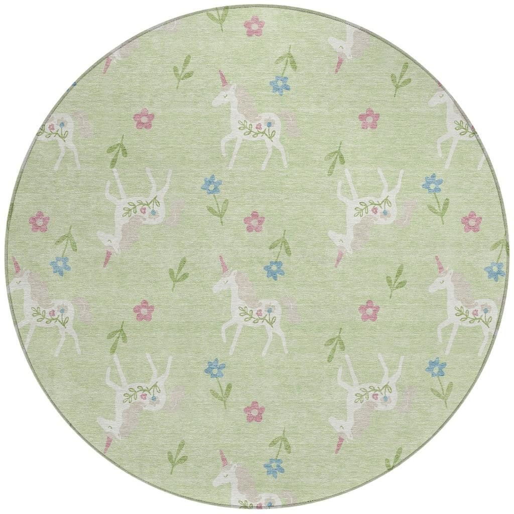8' Mint Green And Ivory Round Floral Washable Indoor Outdoor Area Rug Homeroots Outdoor