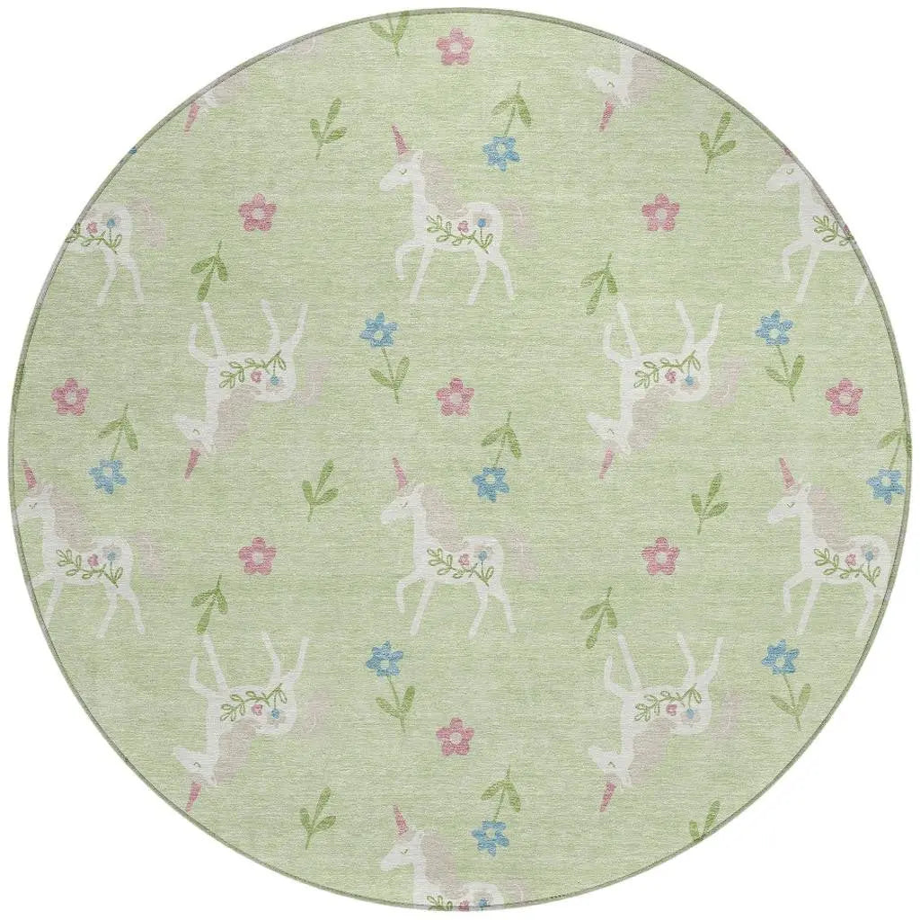 8' Mint Green And Ivory Round Floral Washable Indoor Outdoor Area Rug Homeroots Outdoor