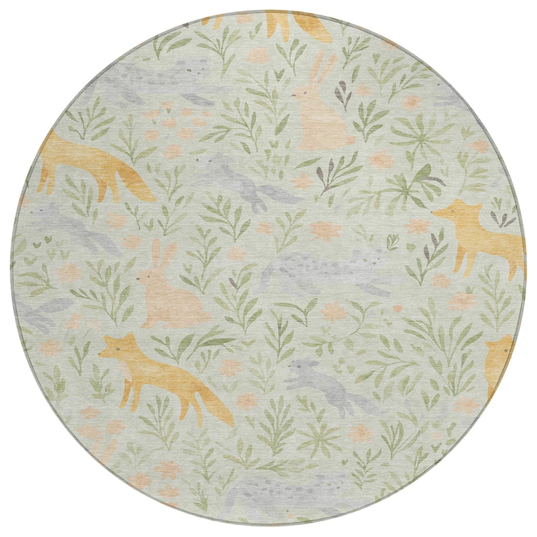8' Mint Green And Pink Round Botanical Leaves Washable Indoor Outdoor Area Rug Homeroots Outdoor