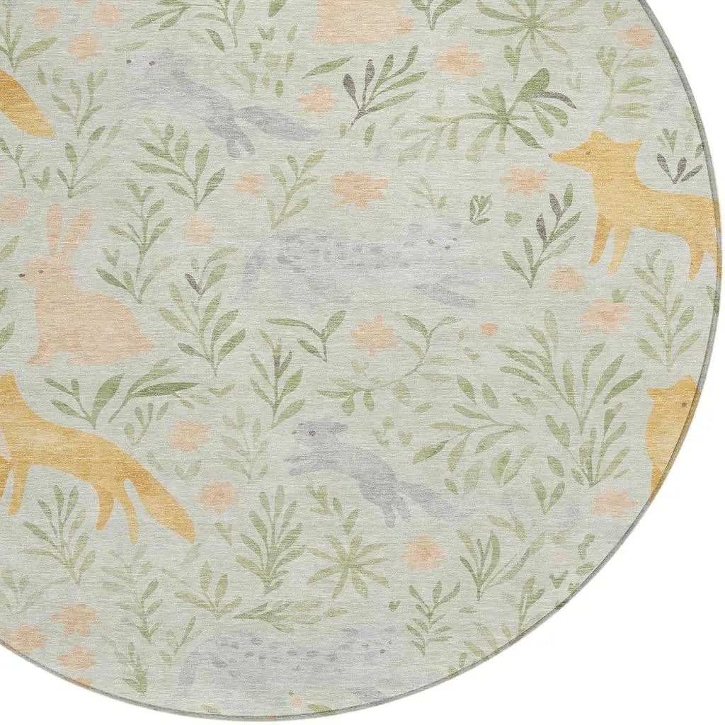 8' Mint Green And Pink Round Botanical Leaves Washable Indoor Outdoor Area Rug Homeroots Outdoor