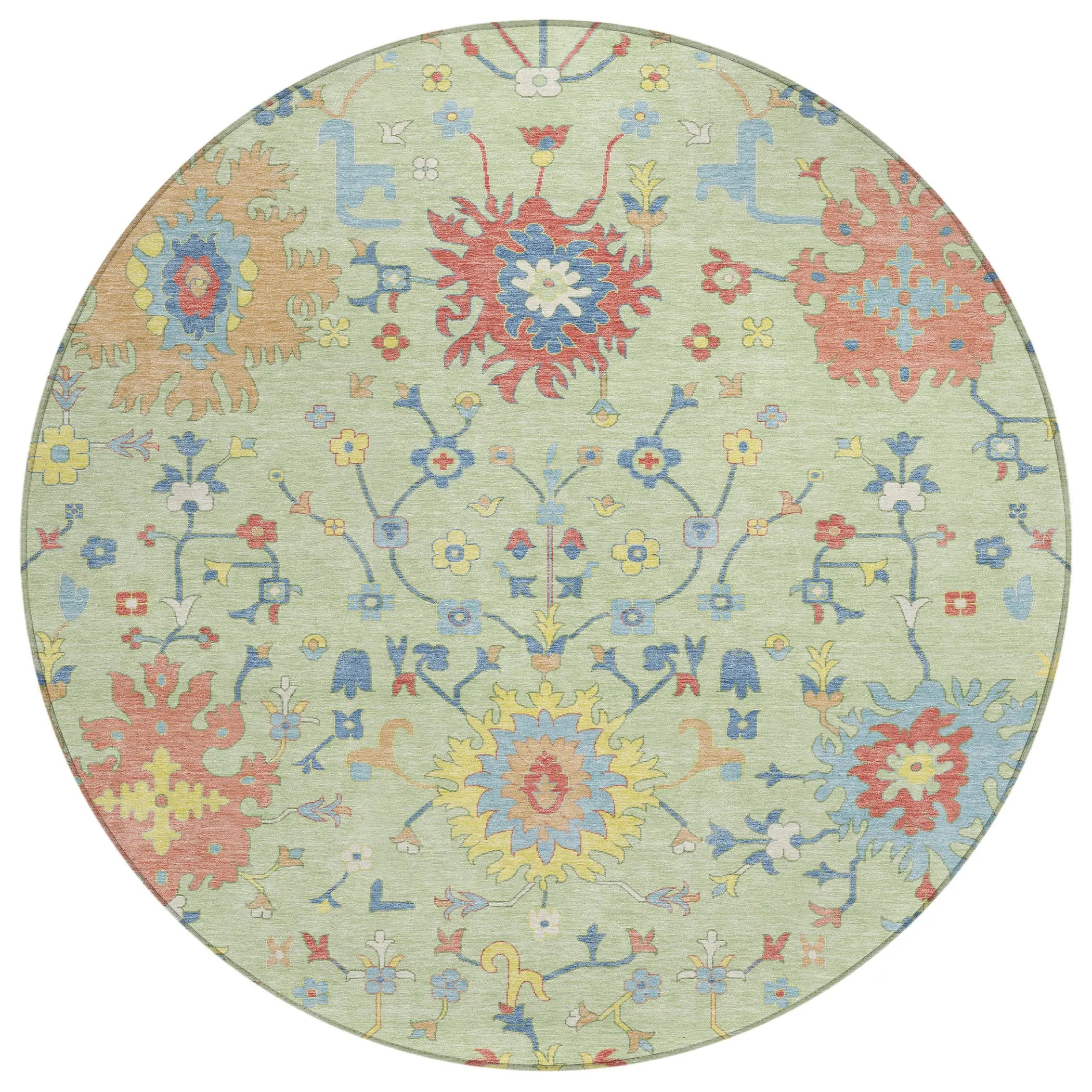 8' Mint Green And Salmon Round Faux Bois Washable Indoor Outdoor Area Rug Homeroots Outdoor