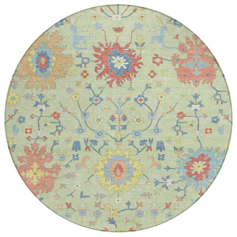 8' Mint Green And Salmon Round Faux Bois Washable Indoor Outdoor Area Rug Homeroots Outdoor