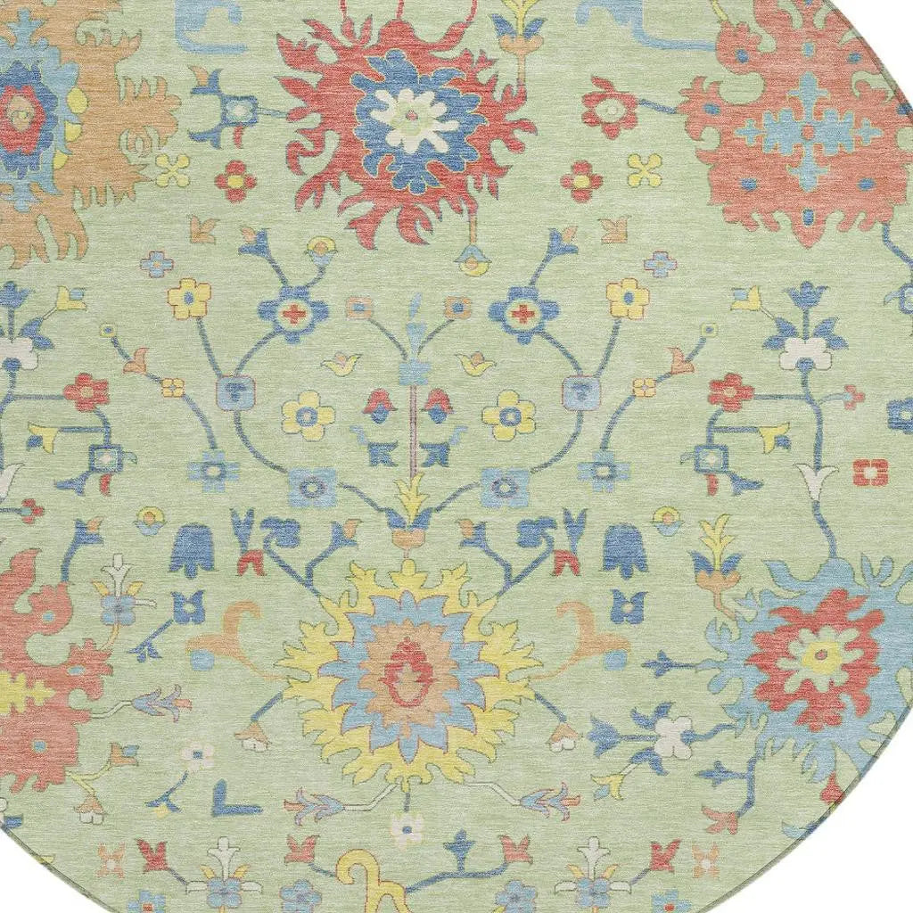 8' Mint Green And Salmon Round Faux Bois Washable Indoor Outdoor Area Rug Homeroots Outdoor