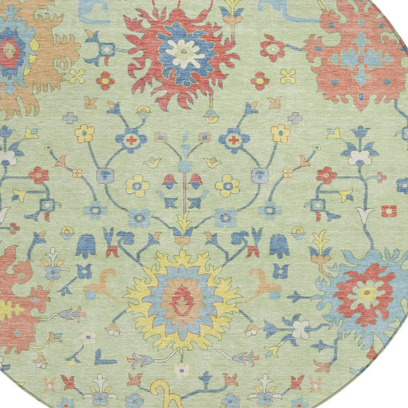 8' Mint Green And Salmon Round Faux Bois Washable Indoor Outdoor Area Rug Homeroots Outdoor