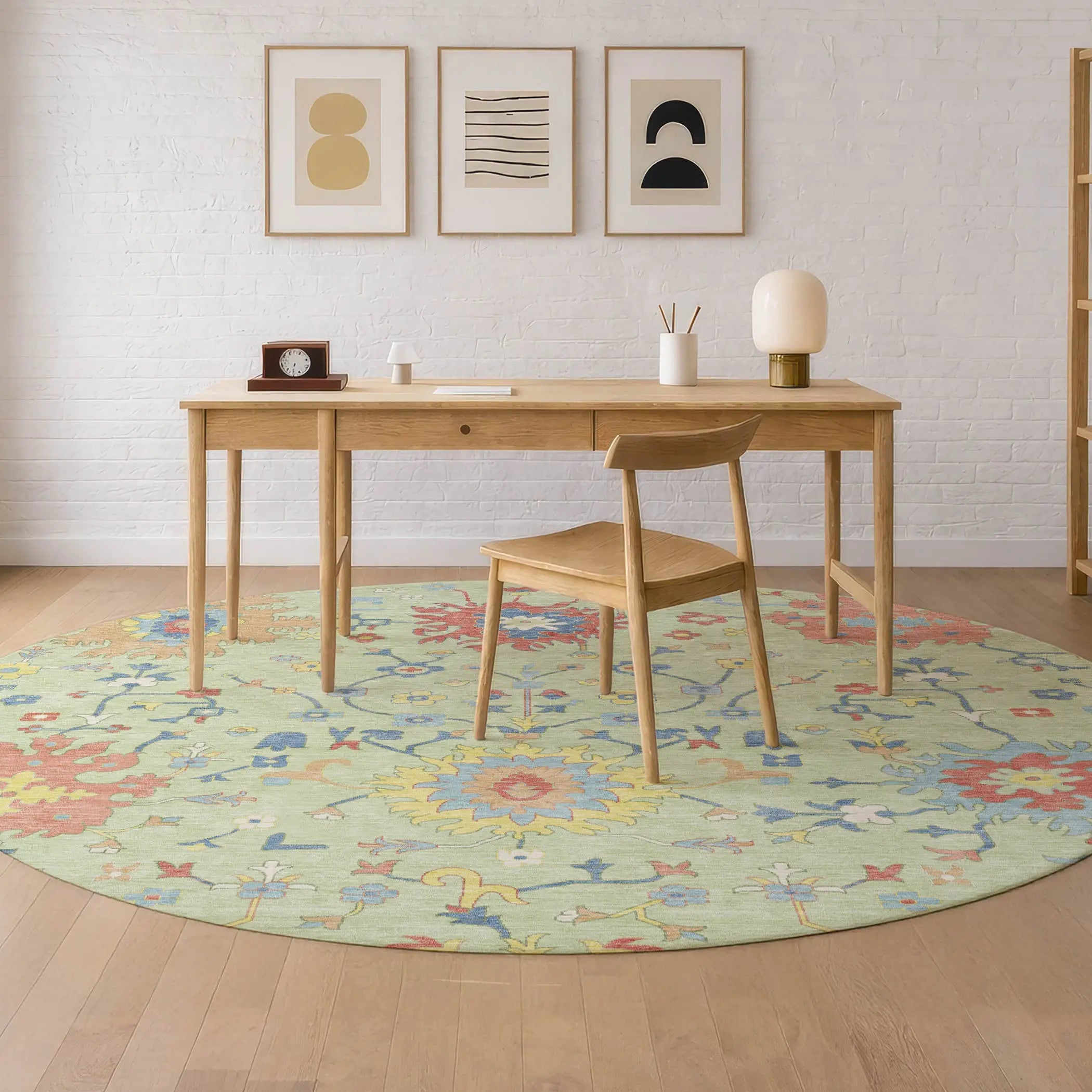 8' Mint Green And Salmon Round Faux Bois Washable Indoor Outdoor Area Rug Homeroots Outdoor