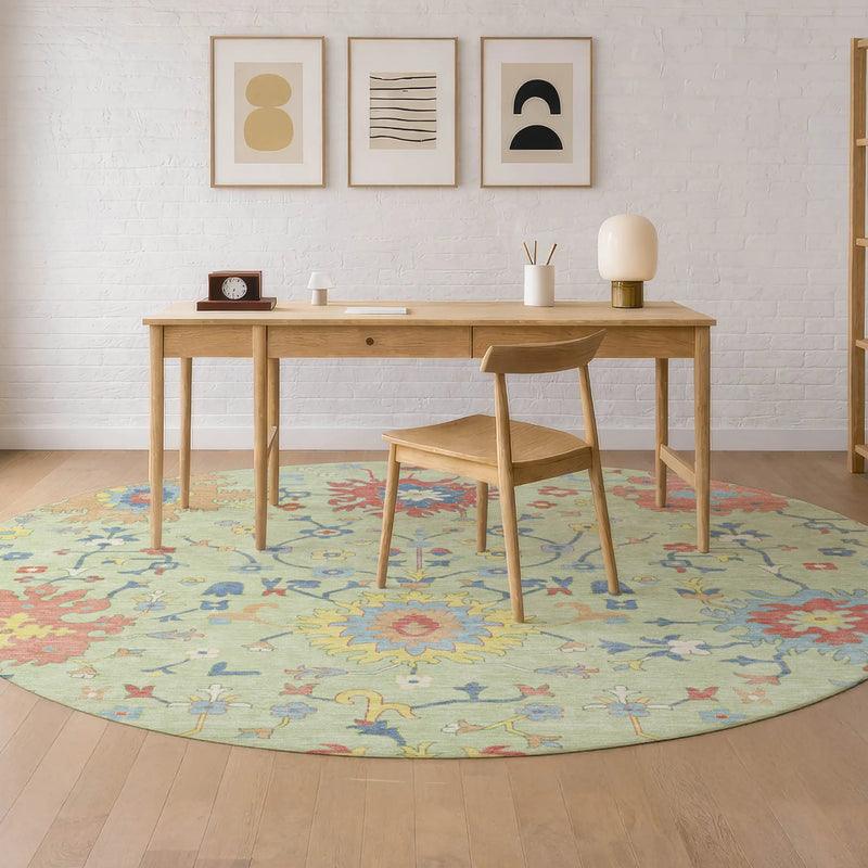 8' Mint Green And Salmon Round Faux Bois Washable Indoor Outdoor Area Rug Homeroots Outdoor