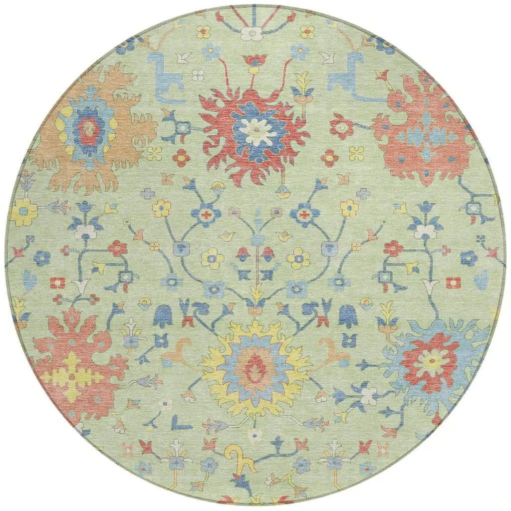 8' Mint Green And Salmon Round Faux Bois Washable Indoor Outdoor Area Rug Homeroots Outdoor