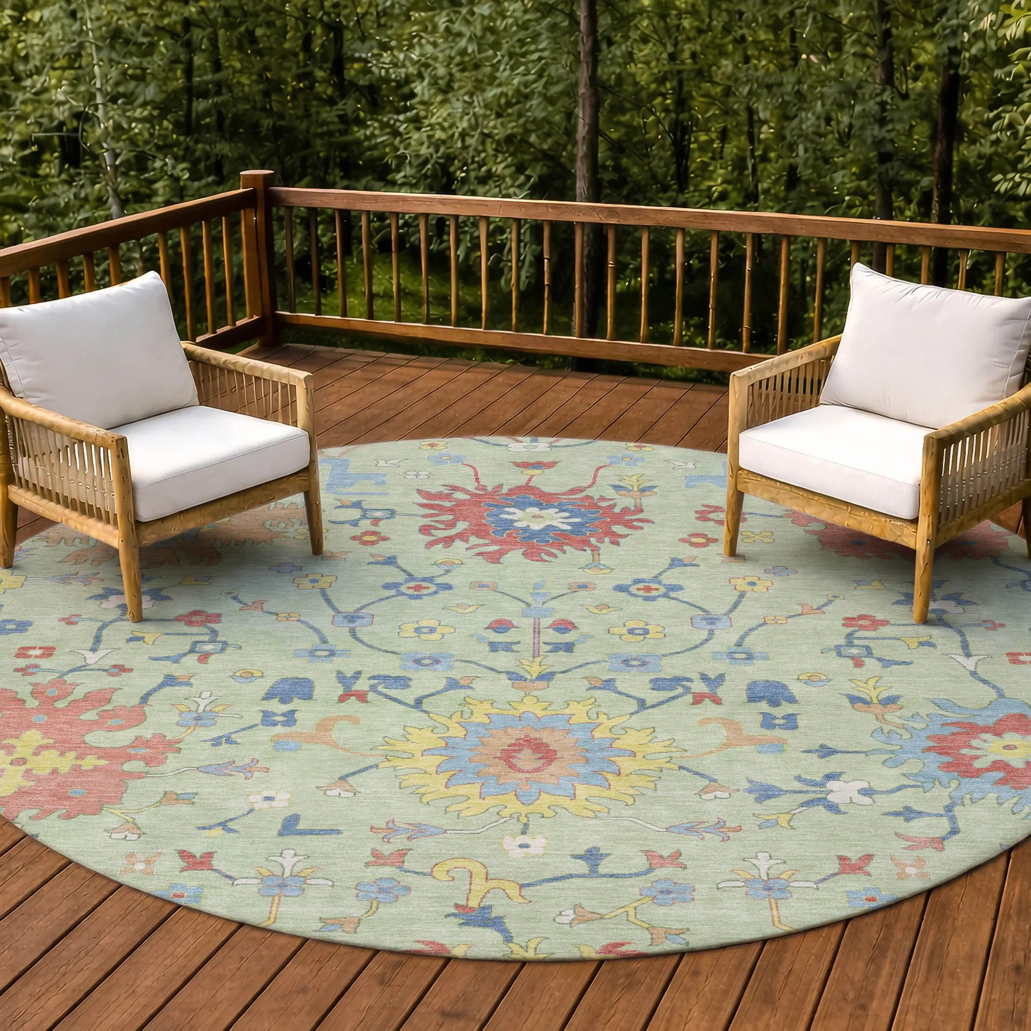 8' Mint Green And Salmon Round Faux Bois Washable Indoor Outdoor Area Rug Homeroots Outdoor