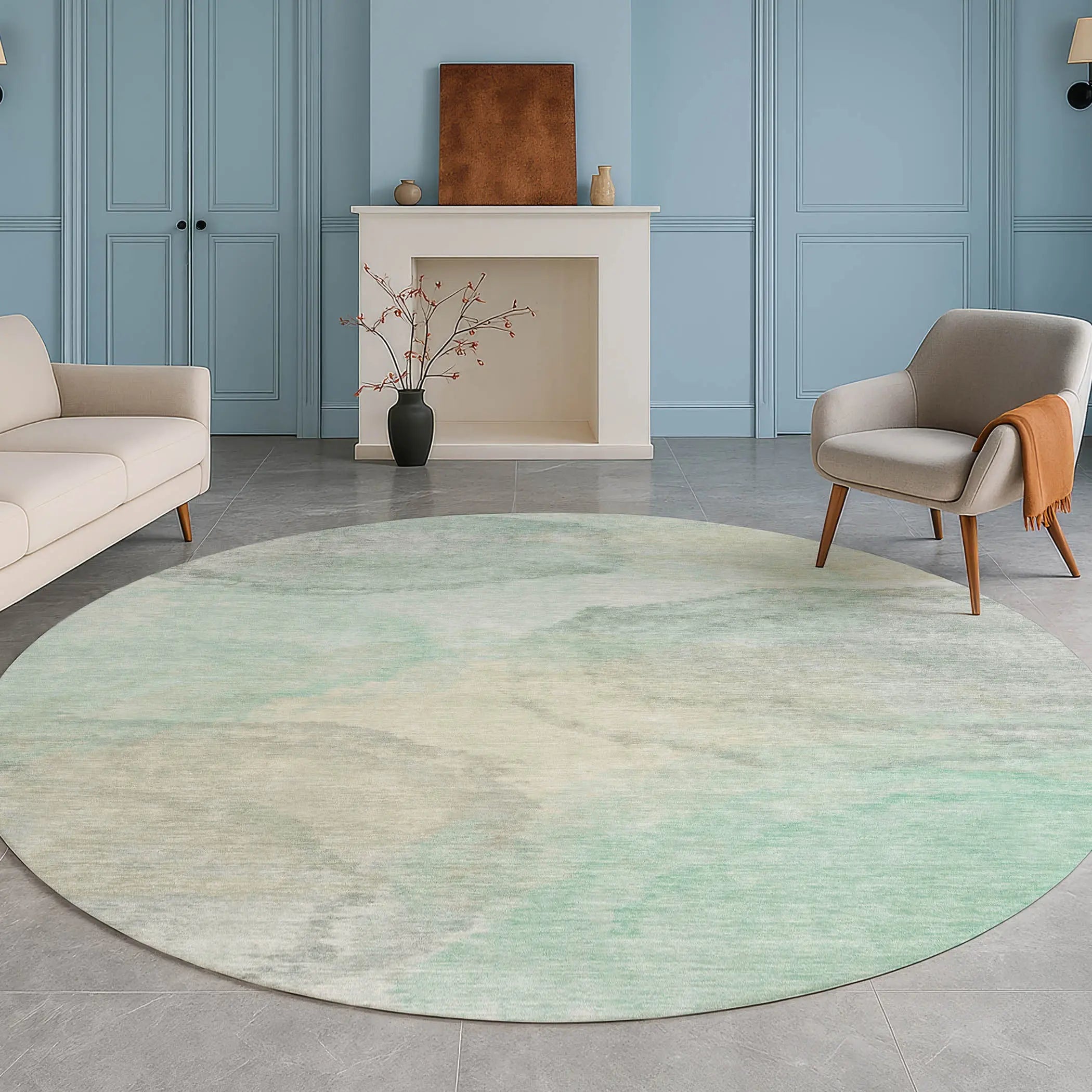 8' Mint Green And Teal Blue Round Abstract Washable Indoor Outdoor Area Rug Homeroots Outdoor