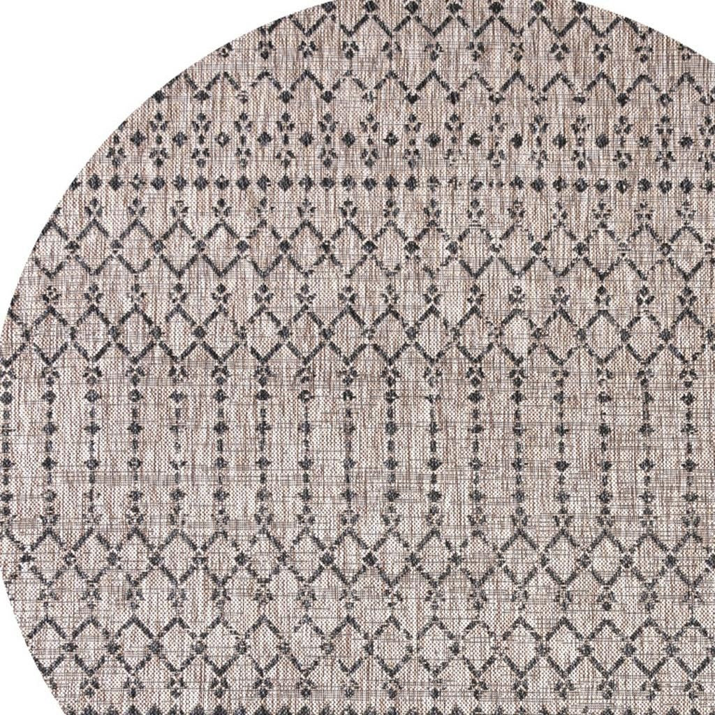 8' Natural And Black Round Trellis Indoor Outdoor Area Rug - GreatEagleInc