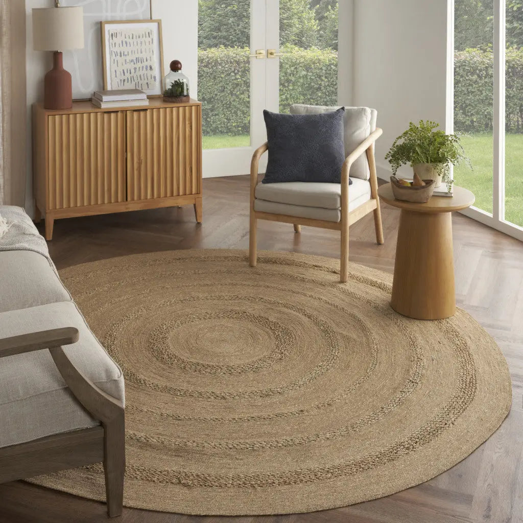 8' Natural And Brown Round Handmade Indoor Outdoor Area Rug Homeroots Outdoor