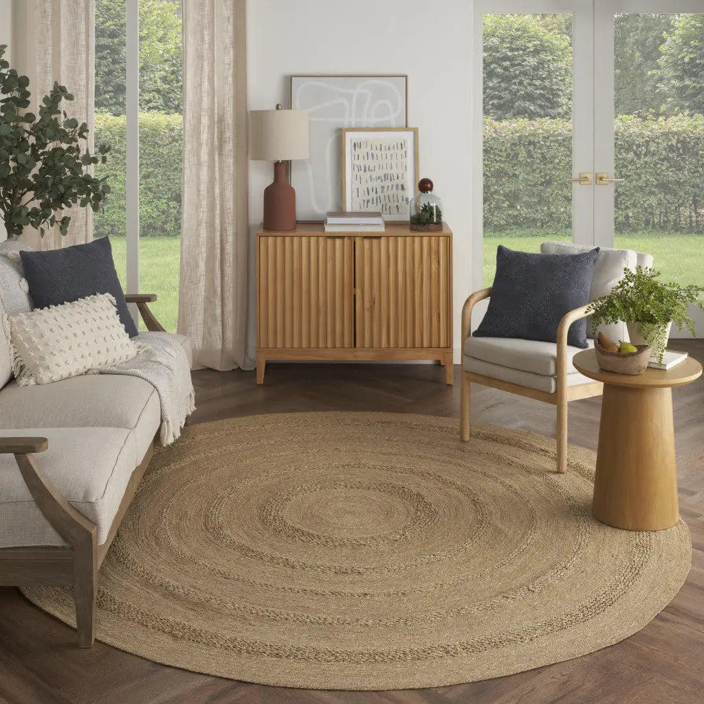 8' Natural And Brown Round Handmade Indoor Outdoor Area Rug Homeroots Outdoor