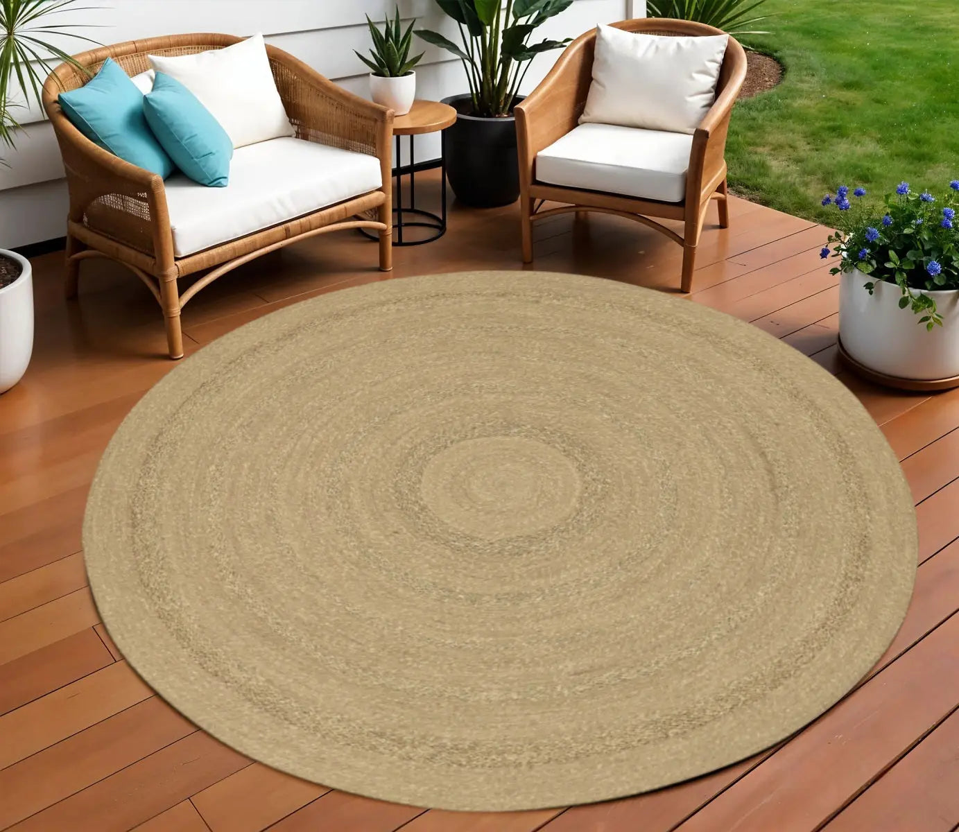 8' Natural And Brown Round Handmade Indoor Outdoor Area Rug Homeroots Outdoor