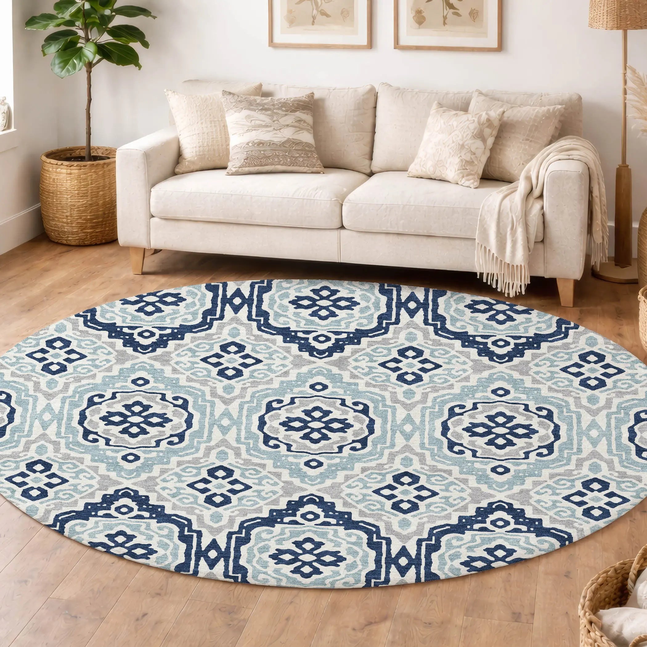 8' Navy Blue And Aqua Round Tribal Washable Indoor Outdoor Area Rug Homeroots Outdoor