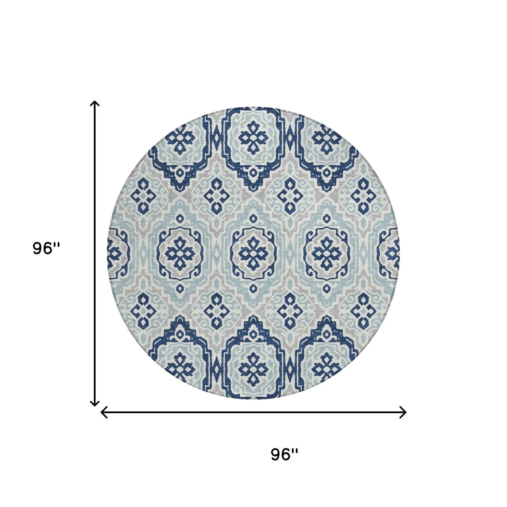 8' Navy Blue And Aqua Round Tribal Washable Indoor Outdoor Area Rug Homeroots Outdoor