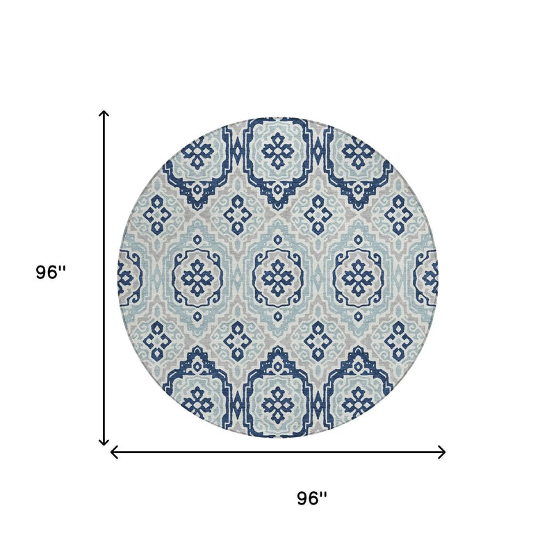 8' Navy Blue And Aqua Round Tribal Washable Indoor Outdoor Area Rug Homeroots Outdoor