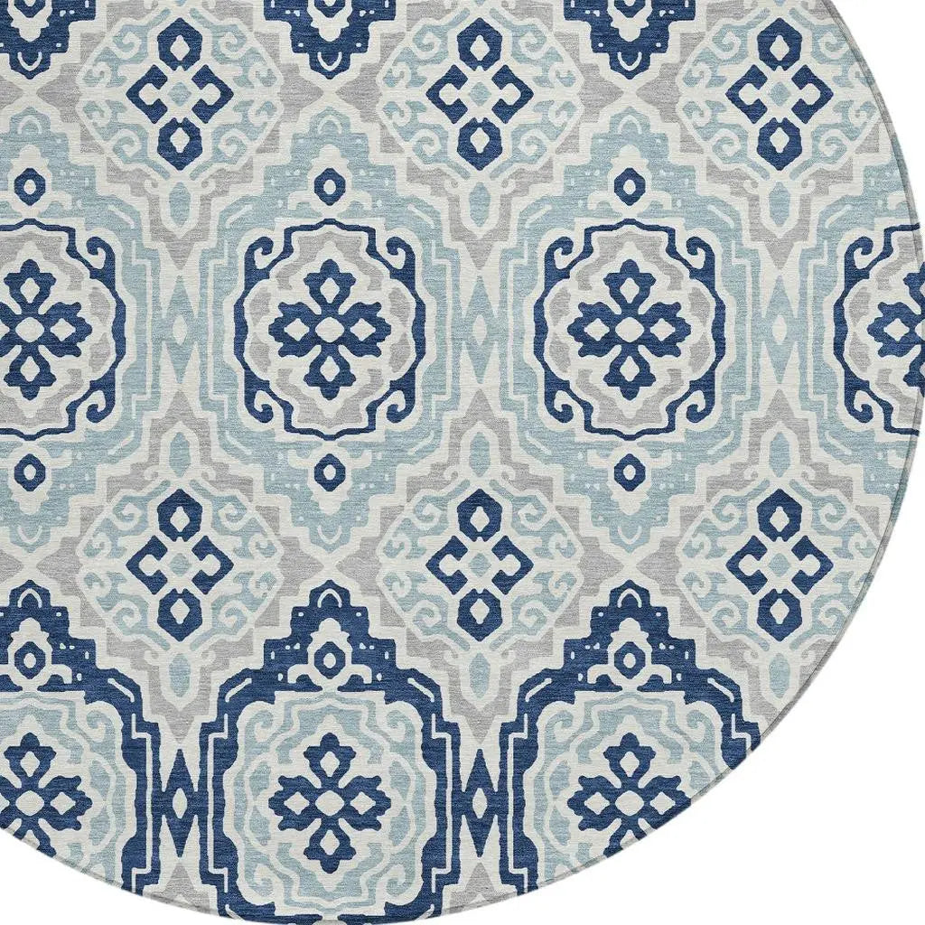 8' Navy Blue And Aqua Round Tribal Washable Indoor Outdoor Area Rug Homeroots Outdoor
