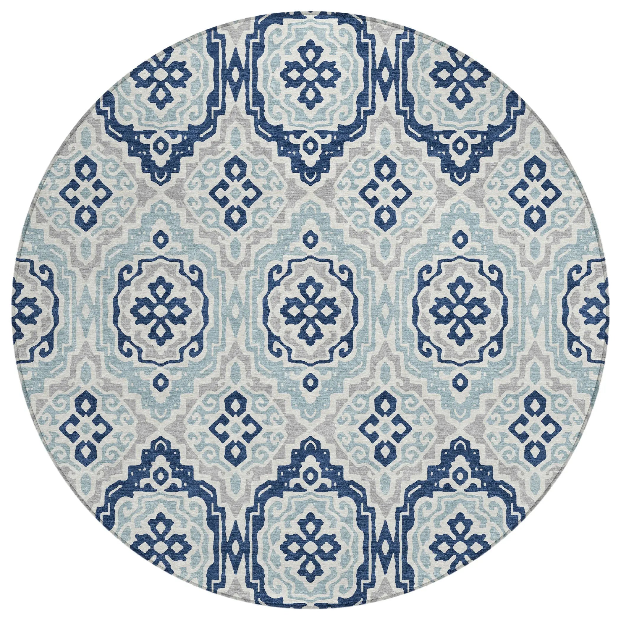 8' Navy Blue And Aqua Round Tribal Washable Indoor Outdoor Area Rug Homeroots Outdoor