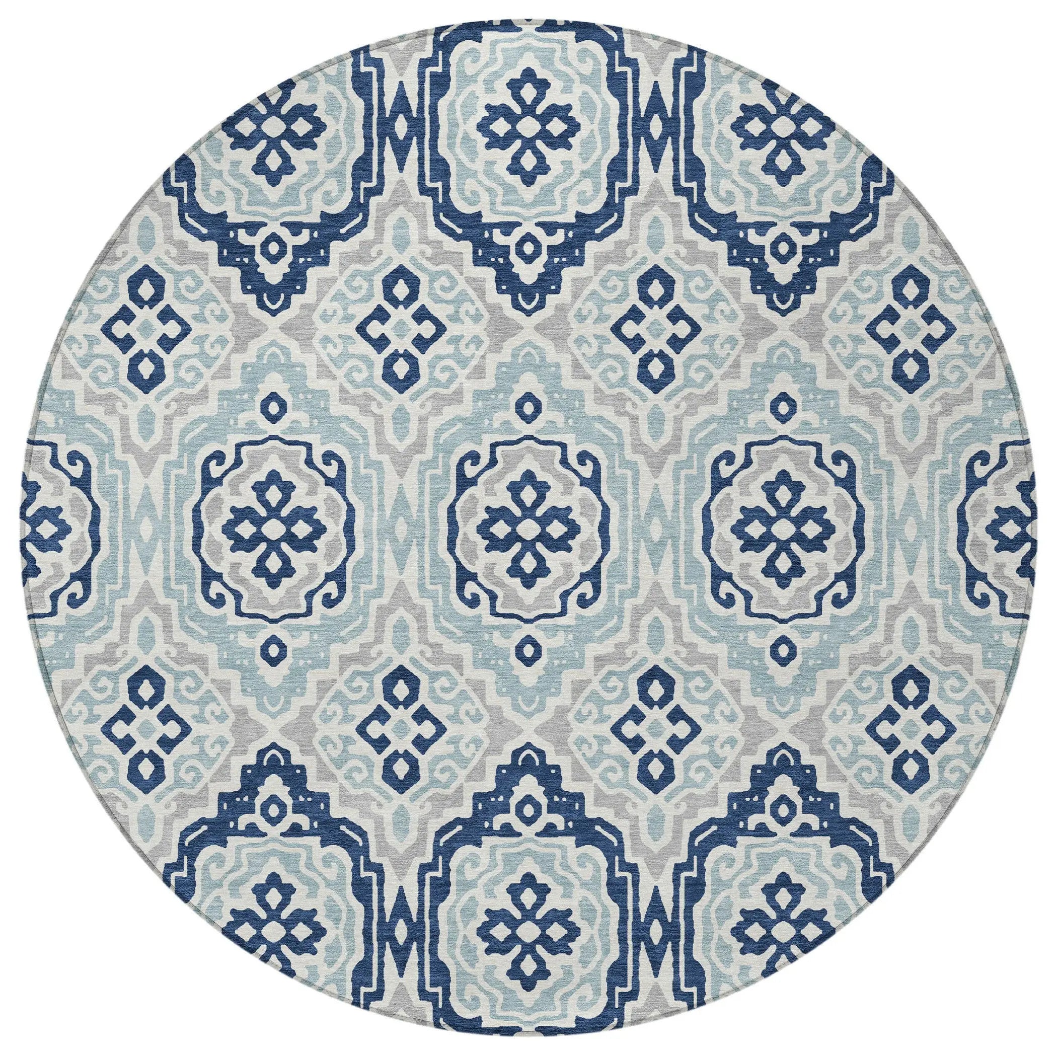 8' Navy Blue And Aqua Round Tribal Washable Indoor Outdoor Area Rug Homeroots Outdoor