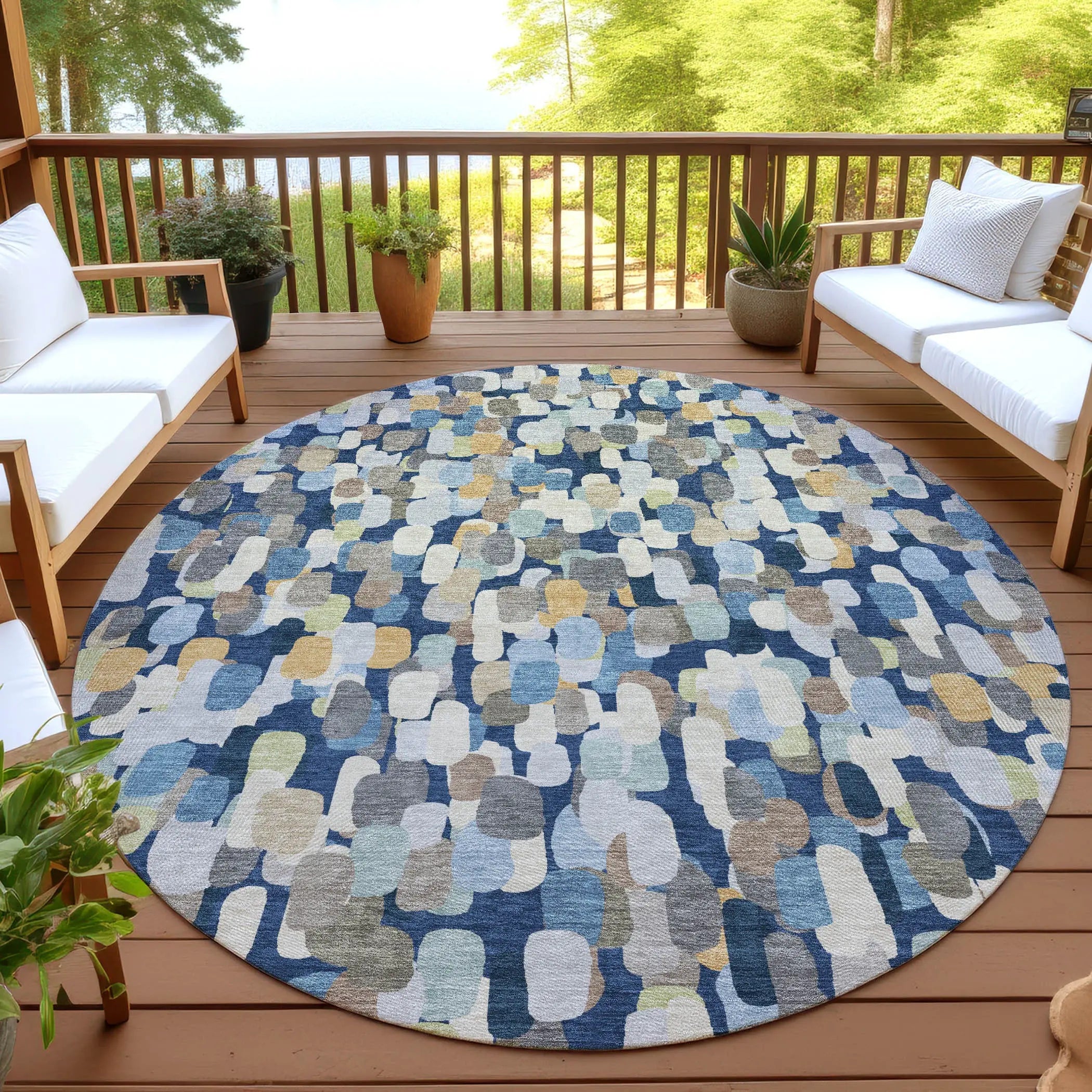 8' Navy Blue And Beige Round Abstract Washable Indoor Outdoor Area Rug Homeroots Outdoor