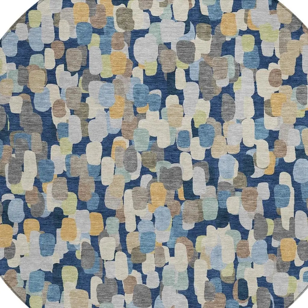 8' Navy Blue And Beige Round Abstract Washable Indoor Outdoor Area Rug Homeroots Outdoor
