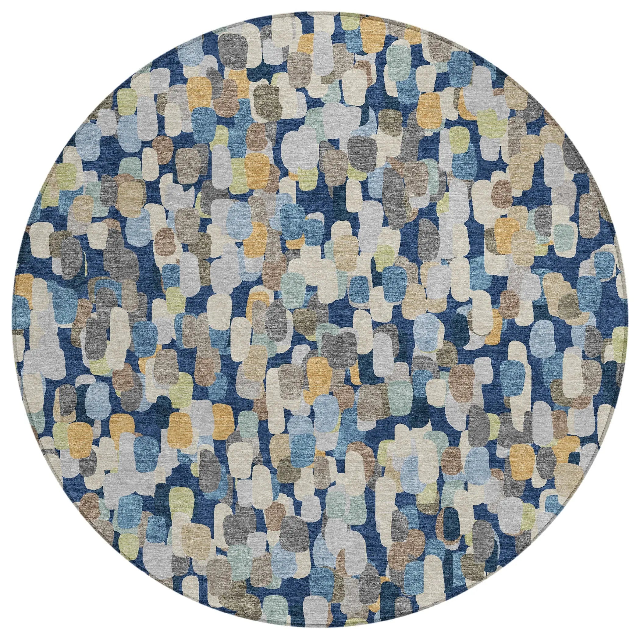 8' Navy Blue And Beige Round Abstract Washable Indoor Outdoor Area Rug Homeroots Outdoor