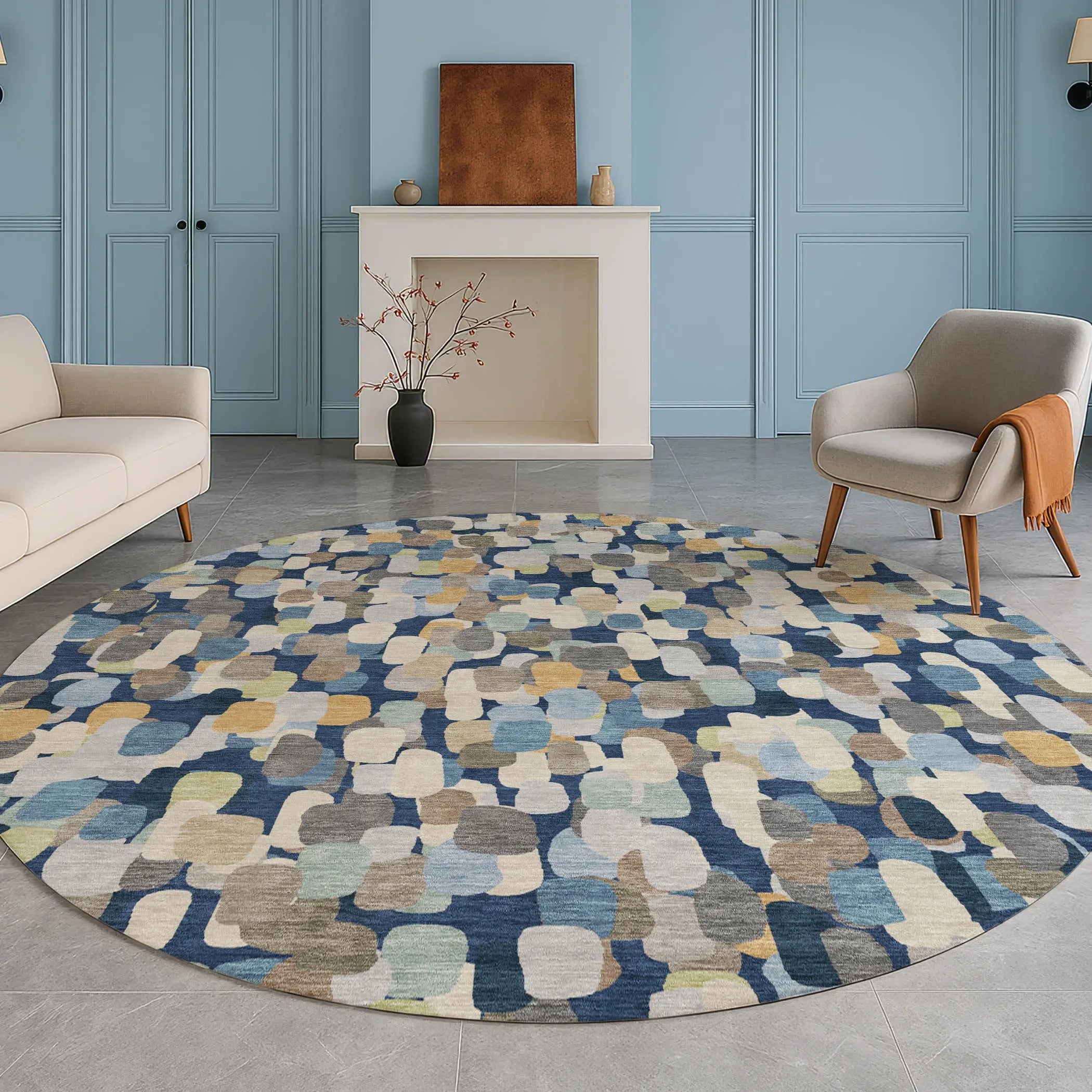 8' Navy Blue And Beige Round Abstract Washable Indoor Outdoor Area Rug Homeroots Outdoor