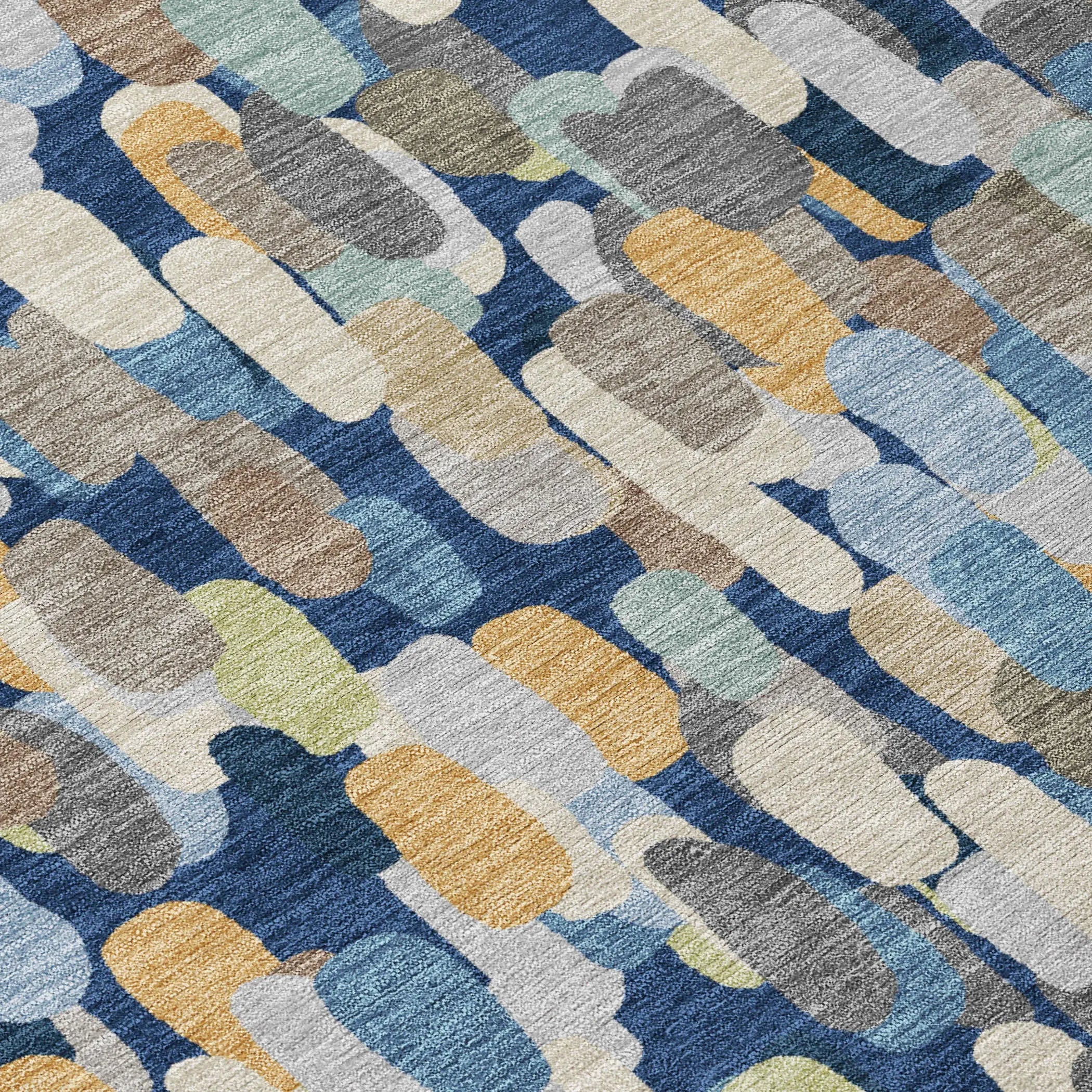 8' Navy Blue And Beige Round Abstract Washable Indoor Outdoor Area Rug Homeroots Outdoor