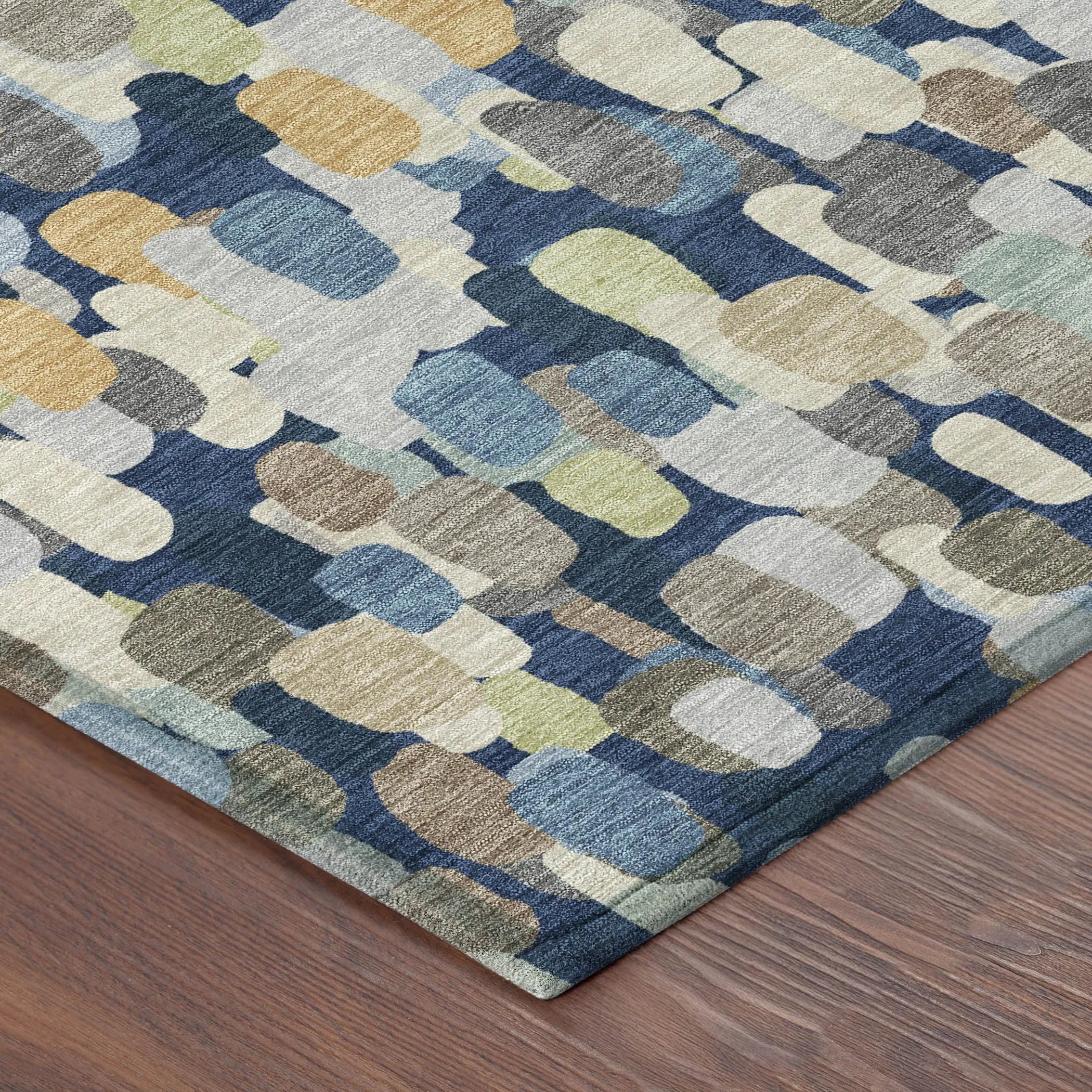 8' Navy Blue And Beige Round Abstract Washable Indoor Outdoor Area Rug Homeroots Outdoor