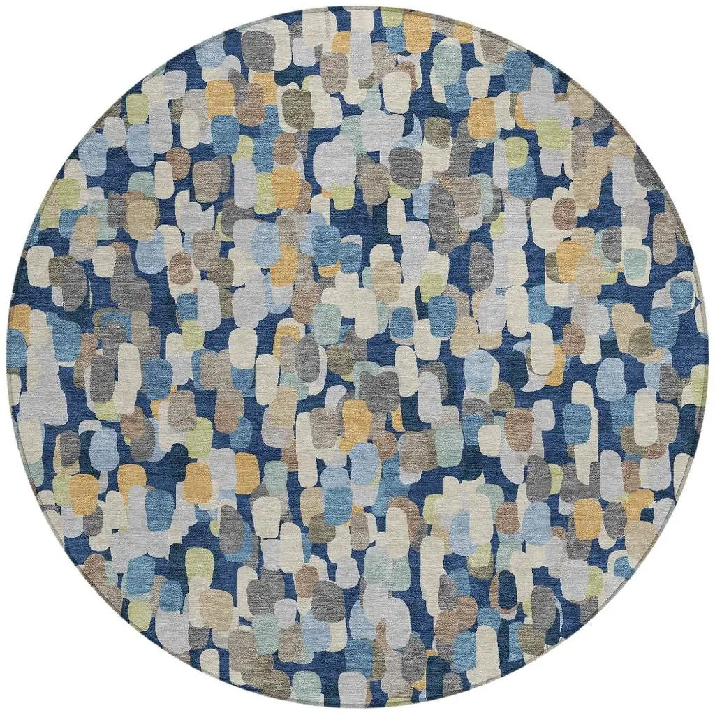 8' Navy Blue And Beige Round Abstract Washable Indoor Outdoor Area Rug Homeroots Outdoor