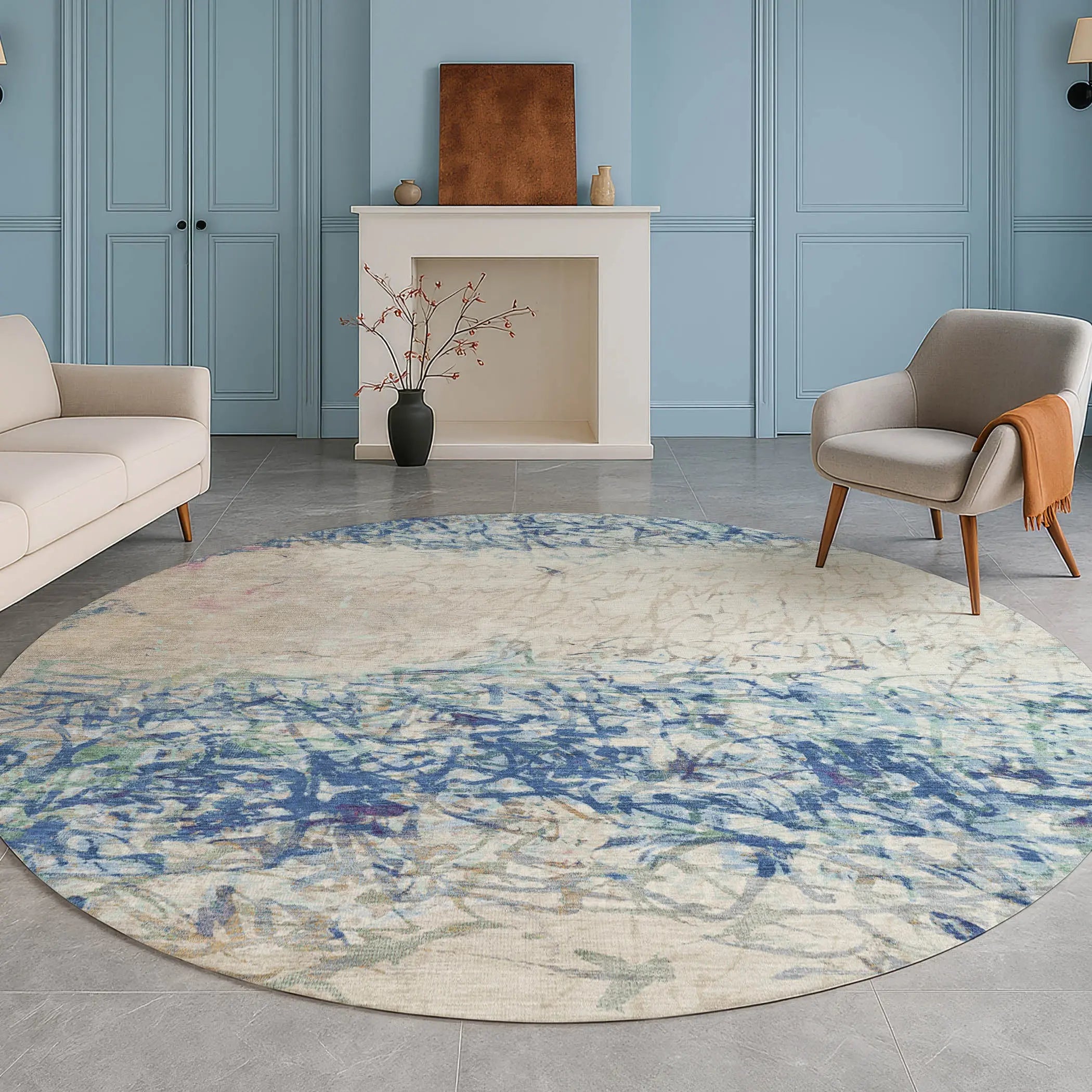 8' Navy Blue And Beige Round Abstract Washable Indoor Outdoor Area Rug Homeroots Outdoor