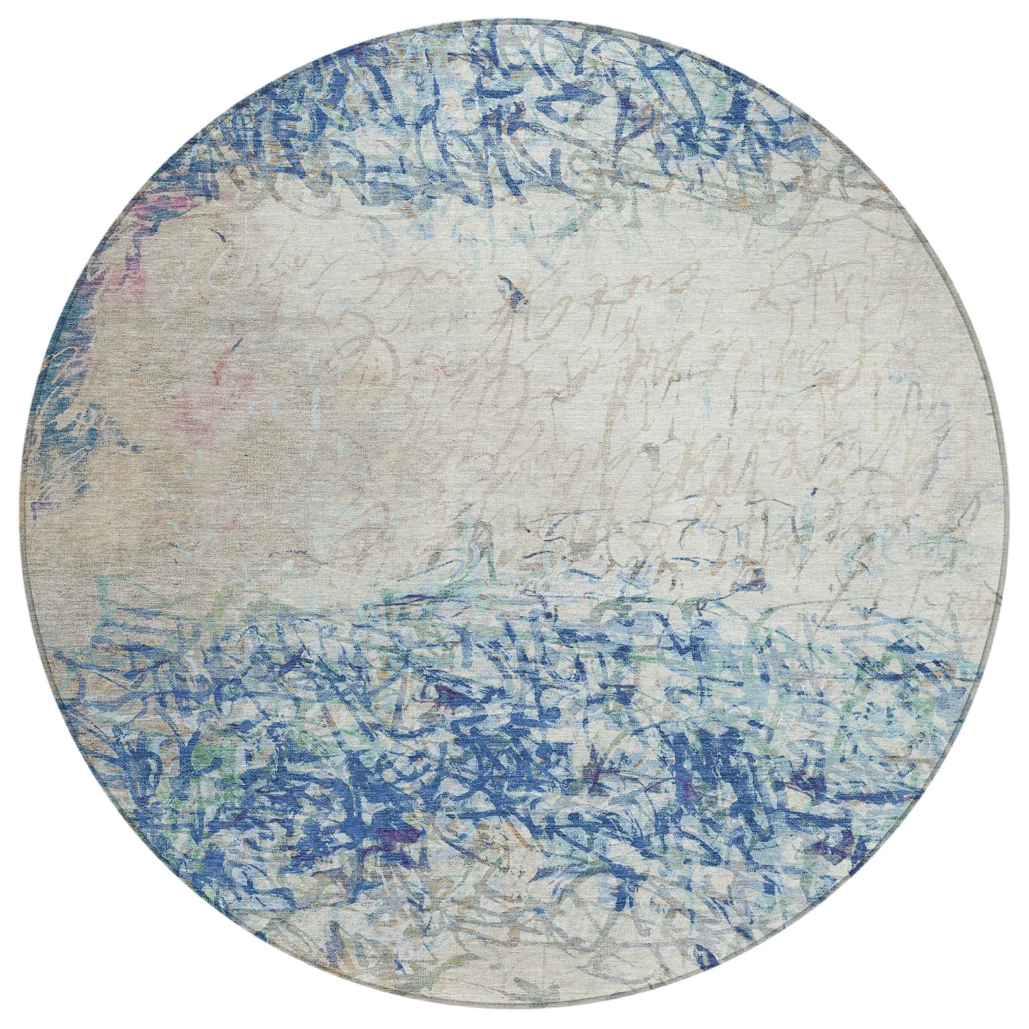 8' Navy Blue And Beige Round Abstract Washable Indoor Outdoor Area Rug Homeroots Outdoor