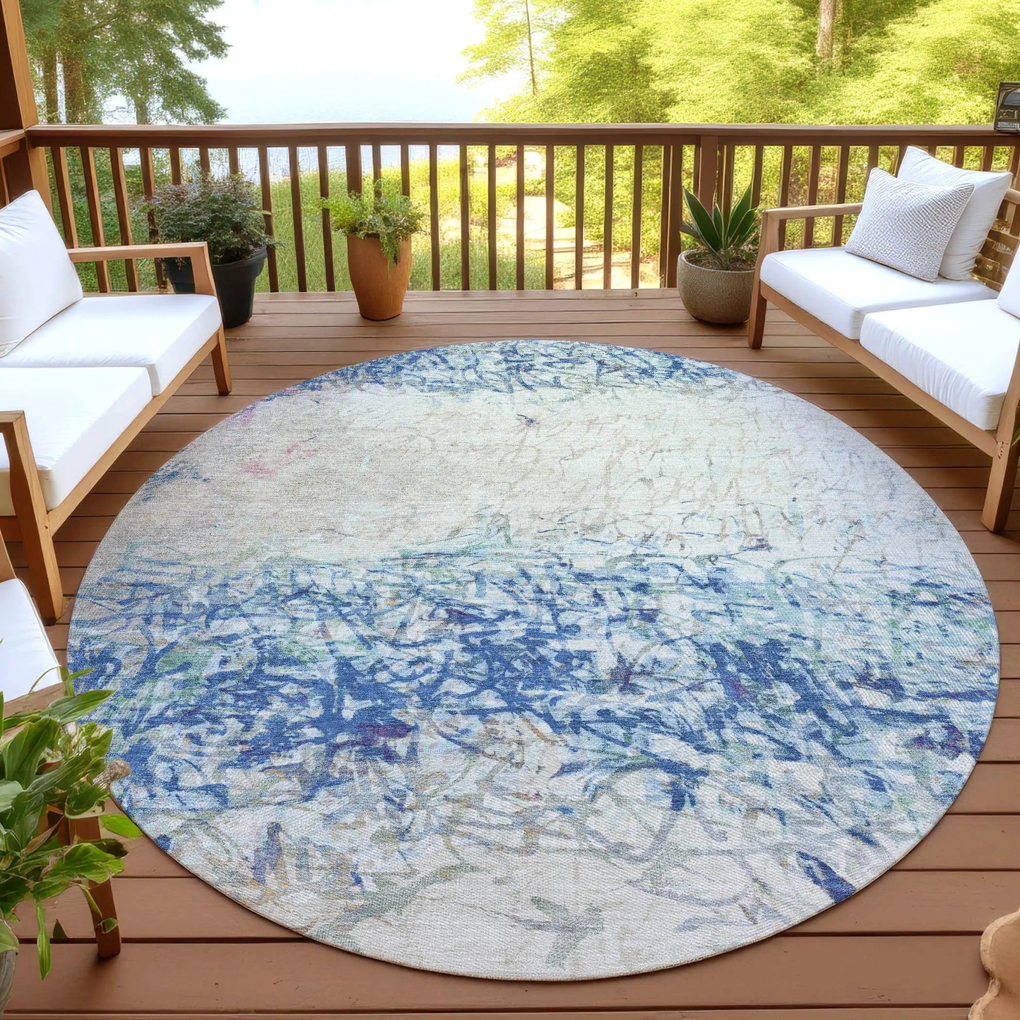8' Navy Blue And Beige Round Abstract Washable Indoor Outdoor Area Rug Homeroots Outdoor