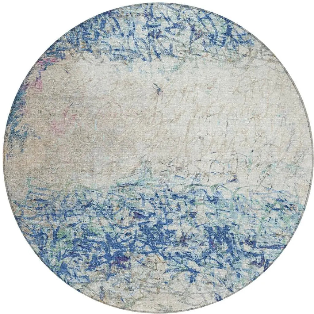 8' Navy Blue And Beige Round Abstract Washable Indoor Outdoor Area Rug Homeroots Outdoor