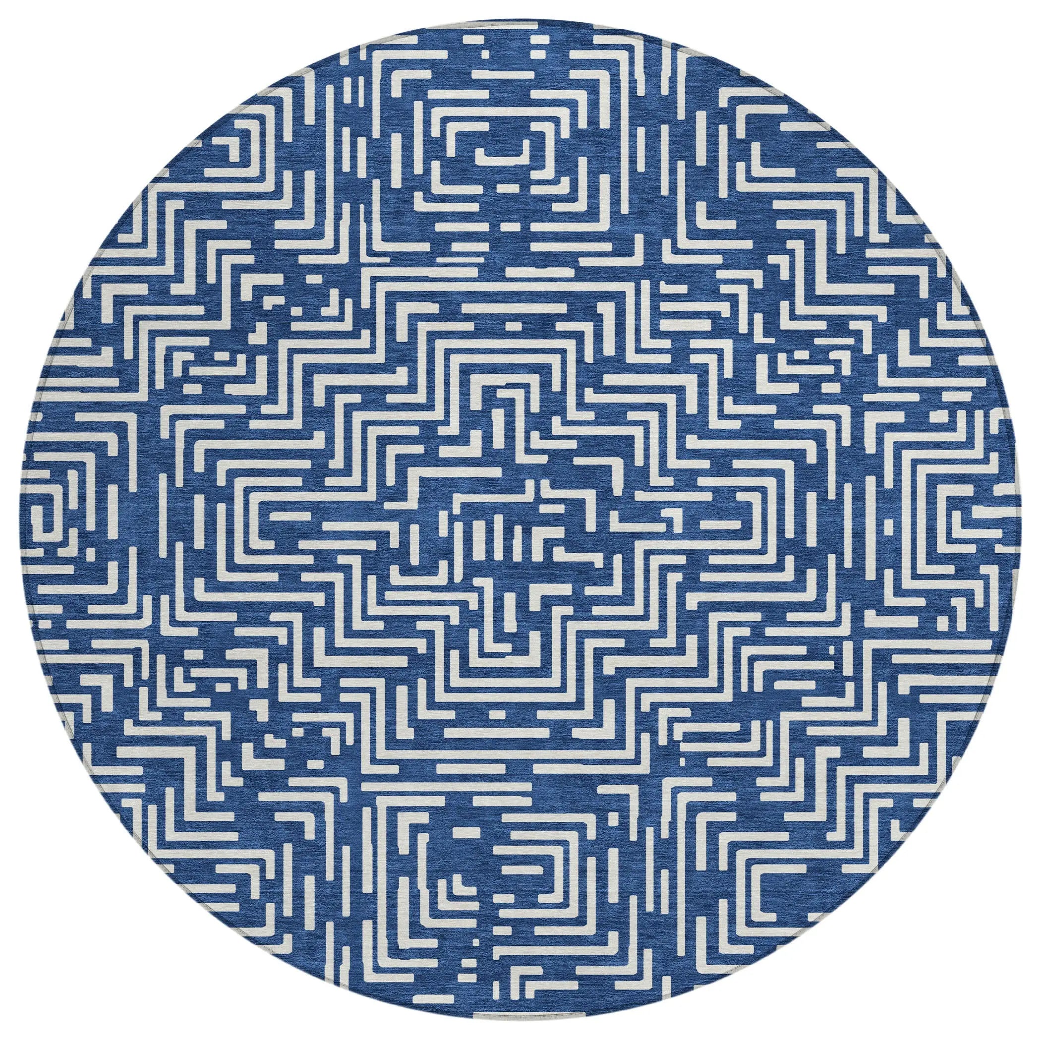 8' Navy Blue And Beige Round Geometric Washable Indoor Outdoor Area Rug Homeroots Outdoor