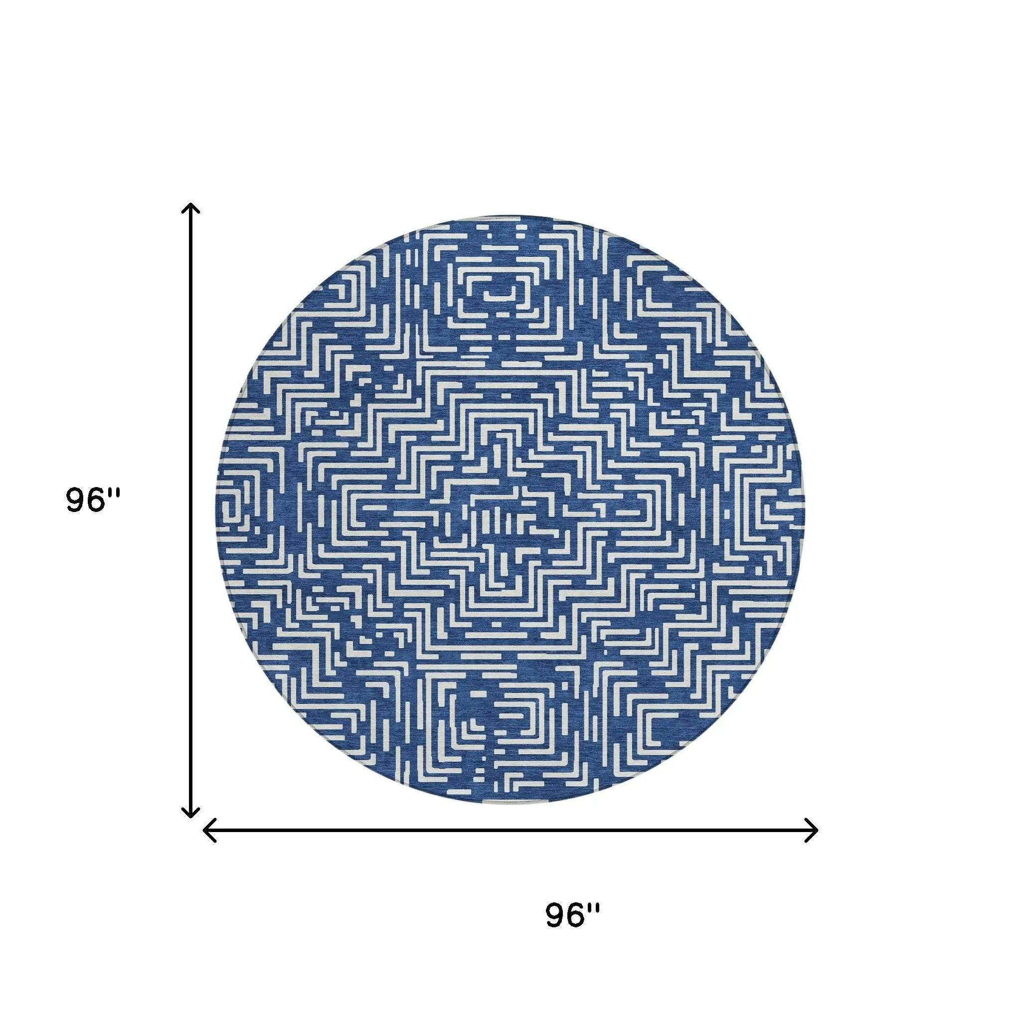 8' Navy Blue And Beige Round Geometric Washable Indoor Outdoor Area Rug Homeroots Outdoor