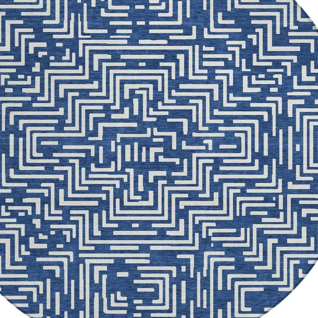 8' Navy Blue And Beige Round Geometric Washable Indoor Outdoor Area Rug Homeroots Outdoor