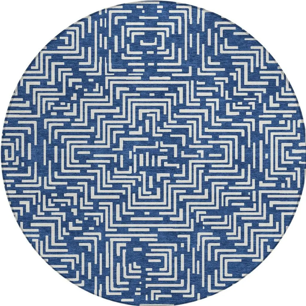 8' Navy Blue And Beige Round Geometric Washable Indoor Outdoor Area Rug Homeroots Outdoor