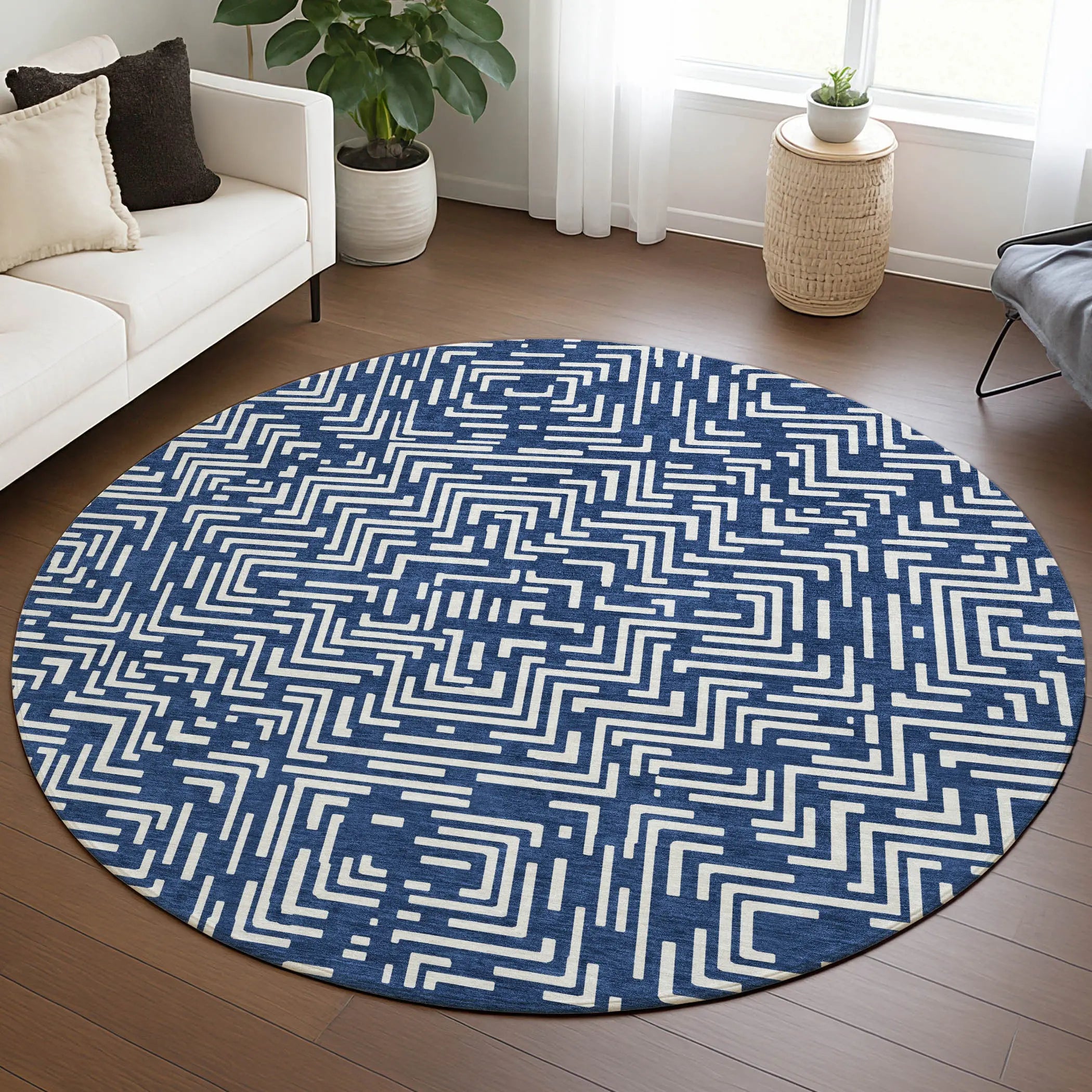 8' Navy Blue And Beige Round Geometric Washable Indoor Outdoor Area Rug Homeroots Outdoor