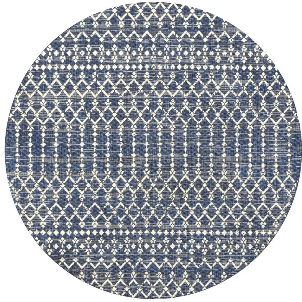 8' Navy Blue And Beige Round Trellis Indoor Outdoor Area Rug Homeroots Outdoor