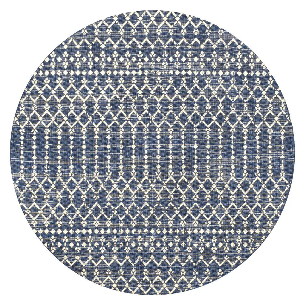 8' Navy Blue And Beige Round Trellis Indoor Outdoor Area Rug Homeroots Outdoor