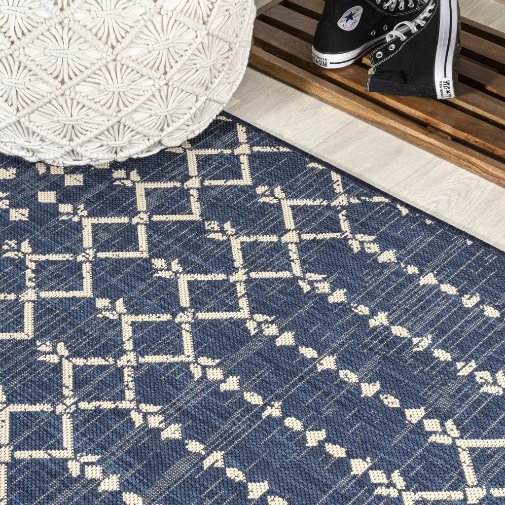 8' Navy Blue And Beige Square Trellis Indoor Outdoor Area Rug Homeroots Outdoor