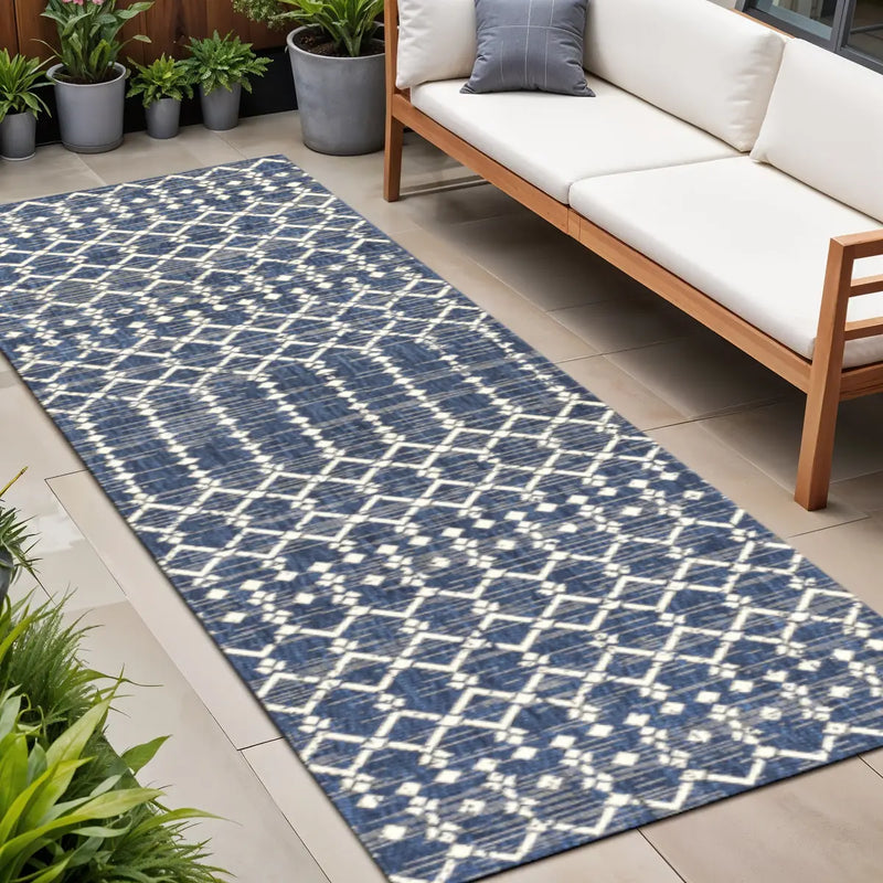 8' Navy Blue And Beige Trellis Indoor Outdoor Runner Rug Homeroots Outdoor