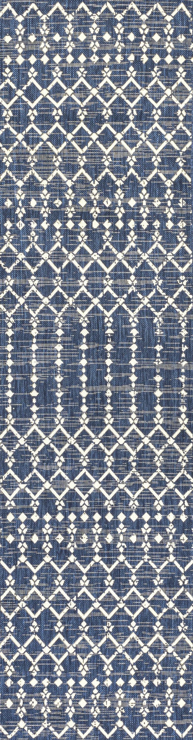 8' Navy Blue And Beige Trellis Indoor Outdoor Runner Rug Homeroots Outdoor