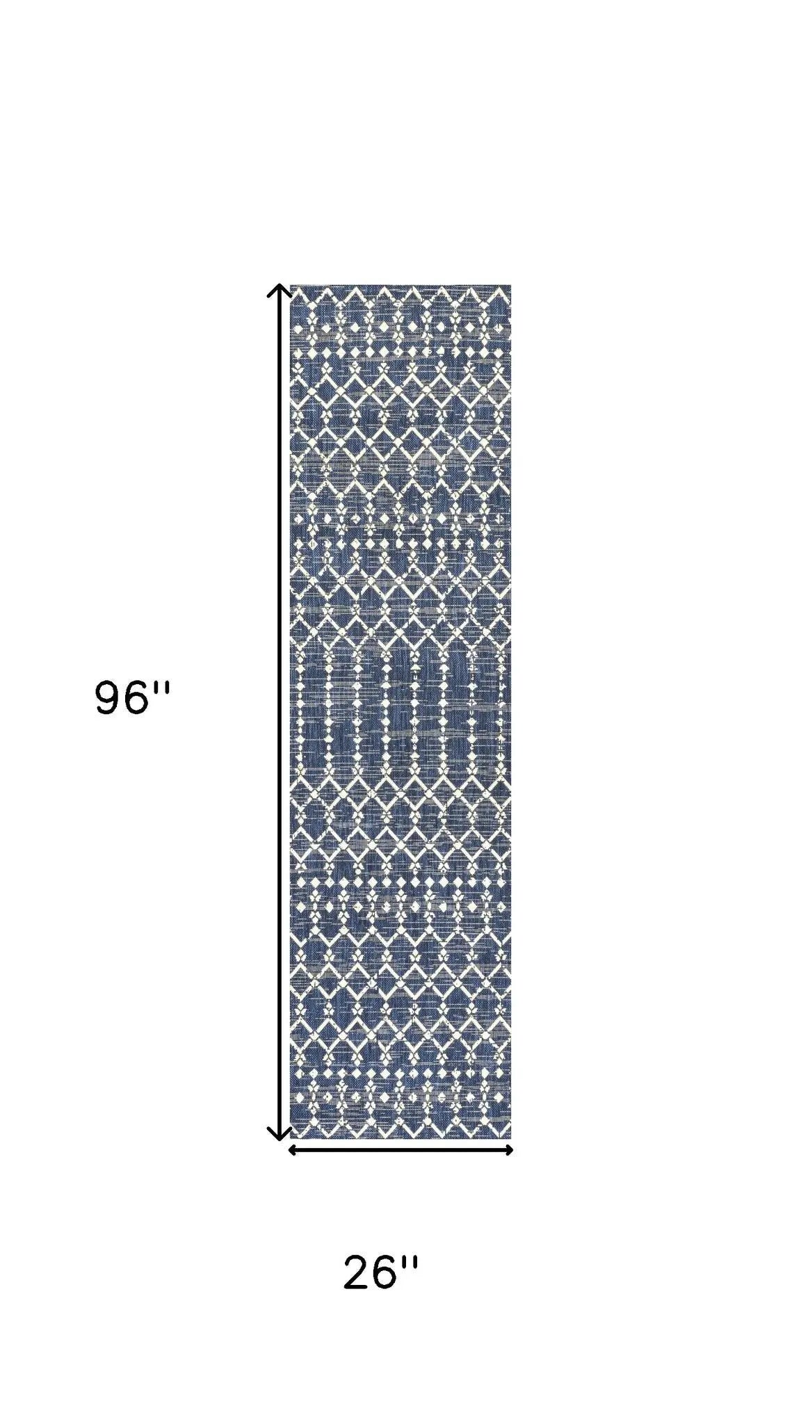 8' Navy Blue And Beige Trellis Indoor Outdoor Runner Rug Homeroots Outdoor