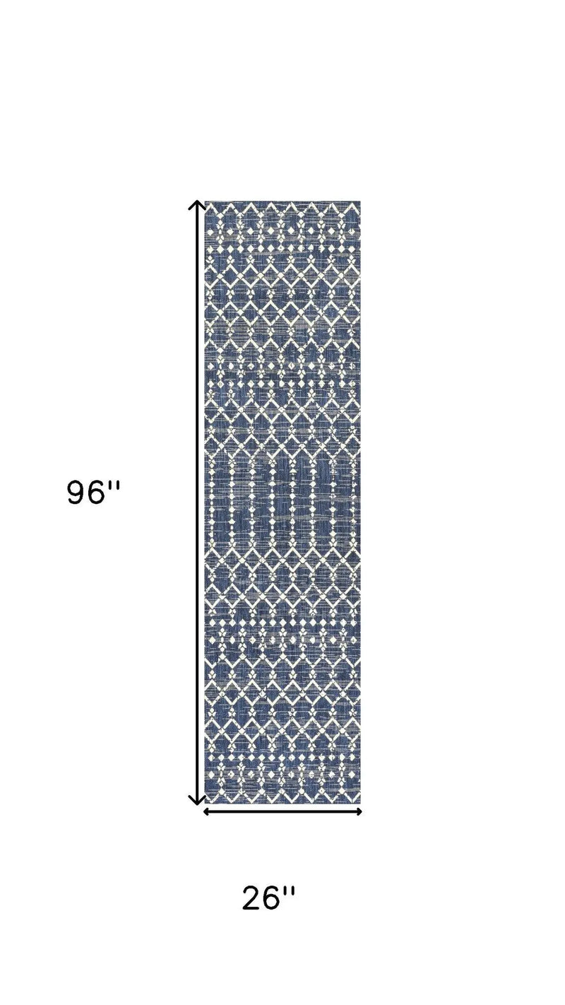 8' Navy Blue And Beige Trellis Indoor Outdoor Runner Rug Homeroots Outdoor